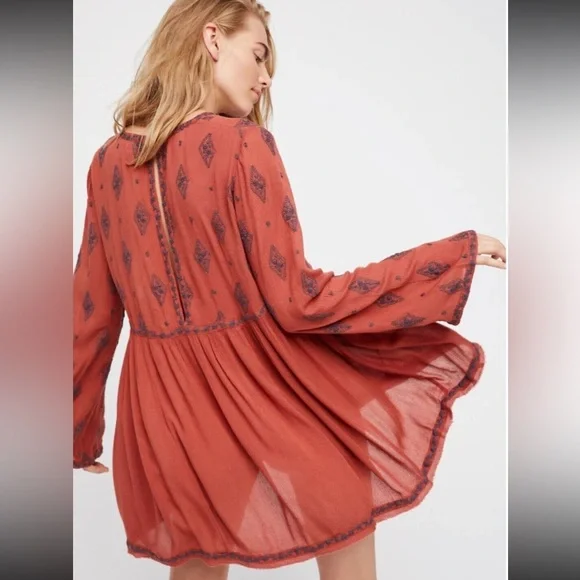 Free People Diamond Embroidered Tunic Top Cinnamon Size Large - Picture 2 of 12